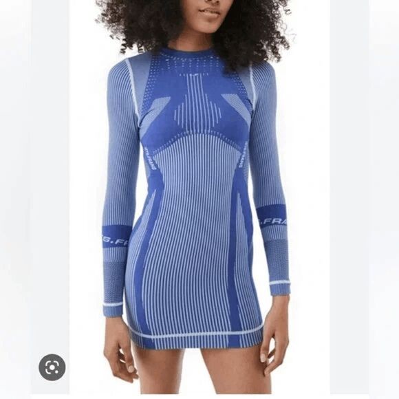 Iets Frans Blue Seamless Long Sleeve Ribbed Knit Bodycon Mini Dress Size Large - Picture 2 of 8